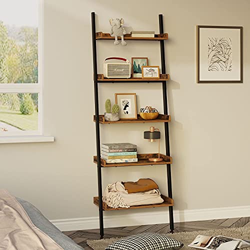 Rolanstar Ladder Bookshelf with Wooden Edge 5Tier, Wooden Bookshelf