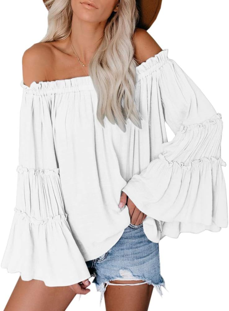 Womens Off The Shoulder Long Bell Sleeve Tops Flared Casual Loose Blouse