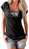 Makkrom Women's Sequin Stitching Cowl Neck T Shirt Tops