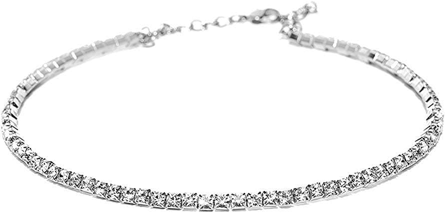 QURVED Crystal Diamante Rhinestone Necklace Silver Party Single Line Choker for Women
