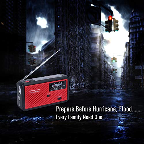 Portable Emergency Solar Weather Radio Hand Crank Self Powered Earthquake AM/FM/NOAA Radios, LED Flashlight, SOS Alarm, Reading Lamp and 1000mAh Power Bank for Emergency Indoor Outdoor (Red & Black)