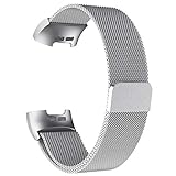 POY Metal Replacement Bands Compatible for Fitbit Charge 3 and Charge 3 SE Fitness Activity Tracker, Milanese Loop Stainless Steel Bracelet Strap with Unique Magnet Lock for Women Men, Large Silver