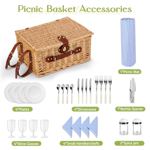 Wicker Picnic Basket for 4 People, Hand Braided Basket with Integrated Insulation and Waterproof Blanket - Complete Set with 4 Cutlery, Plates, Glasses for Camping Beach Garden