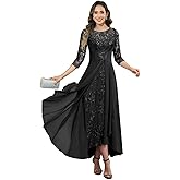 XONHS Women’s Lace Appliques Chiffon Mother of Bride Dresses with Sleeves Tea Length Ruffles Formal Wedding Guest Dress