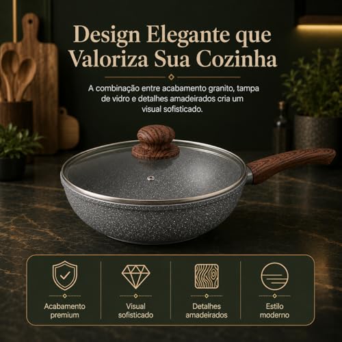 Frigideira Wok Antiaderente Revestimento Cerâmico 28cm 4,3 Litros Alumínio 2.3mm com Tampa Vidro Fundo indução, Cabo Baquelite Antitérmico (Granito)