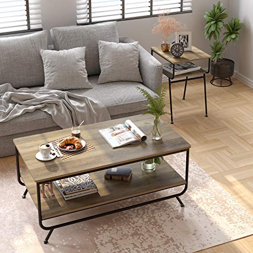 HOMECHO Industrial Coffee Table, 2Tier Wood and Metal Rustic Cocktail