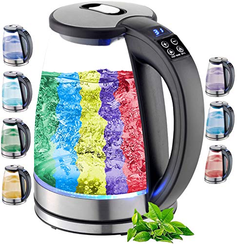 Glas Wasserkocher 1,8 Liter | 2200 Watt | Edelstahl mit Temperaturwahl | Teekocher | 100% BPA FREI | Warmhaltefunktion | LED Beleuchtung im Farbwechsel | Temperatureinstellung (40°C-100°C)