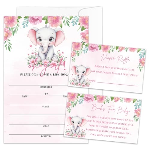 HONPHAX Elephant Baby Shower Invitations for Girl, Girl Baby Shower Invites, Set of 25 Invitations Kit (Included Diaper Raffle Tickets, Book Request Cards) Gender Reveal Party Supplies /BB006