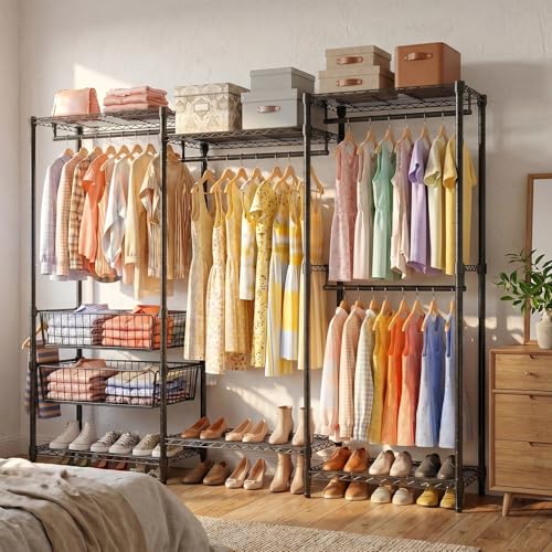 Perchero de Metal para Ropa con 2 Cestas Almacenamiento Deslizantes, Closet Armables de Ropa Multifunción, Perchero de Pie Carga de 400KG, 174 * 43.5 * 195cm, Negro