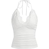 SHENHE Women's Halter Contrast Lace Ruched Backless Tie Back Party Cami Top
