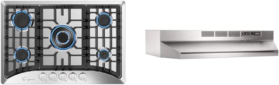 Empava 30" Gas Stove Cooktop, 30 Inch, Silver & Broan-NuTone 413004 Non-Ducted Ductless Range Hood with Lights Exhaust Fan for Under Cabinet, 30-Inch, Stainless Steel