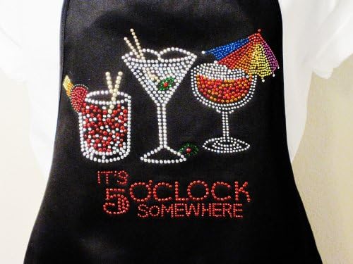Classic Black Apron - "It's Five O Clock Somewhere"- Rhinestone Polycotton Blend Two Pocket Apron
