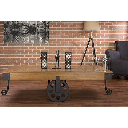 Industrial Distressed Lancashire Wood Top Coffee Table With Rustic Iron Wheel Legs Includes Ours Exclusive Mouspad