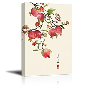 Canvas Wall Art - Water-Painted Pomegranates on a Blooming Tree with Chinese Writing - Giclee Print Gallery Wrap Modern Home Art Ready to Hang - 12x18 inches