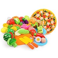Kisrun Pretend Food Play Kitchen Toys for Kids, Plastic Food Fruit Cutting, Education Early Basic Skills Development 37 Sets