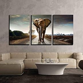 3 Piece Canvas Wall Art - Single Elephant Walking in a Road with The Sun from Behind - Modern Home Art Stretched and Framed Ready to Hang - 16"x24"x3 Panels