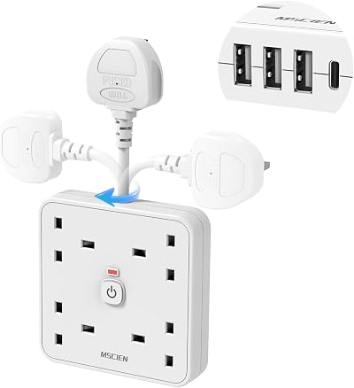 Mscien 4 Gang Extension Lead 4 USB (USB-C 3A) Short Cord Power Strip Wall Mount