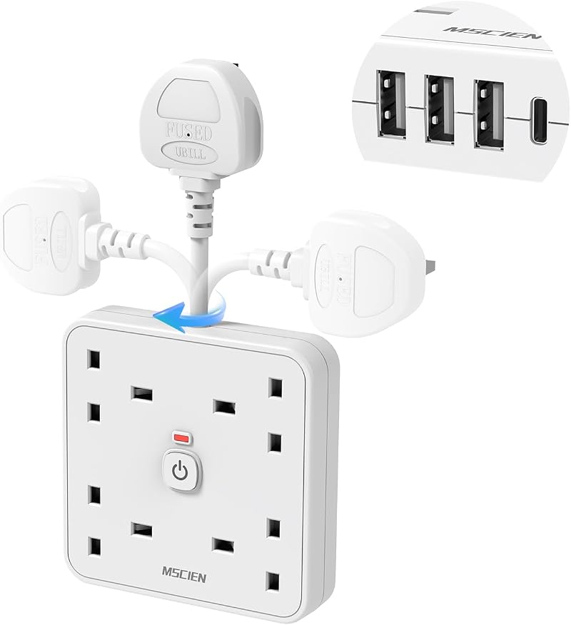 Mscien 4 Gang Extension Lead 4 USB (USB-C 3A) Short Cord Power Strip Wall Mount