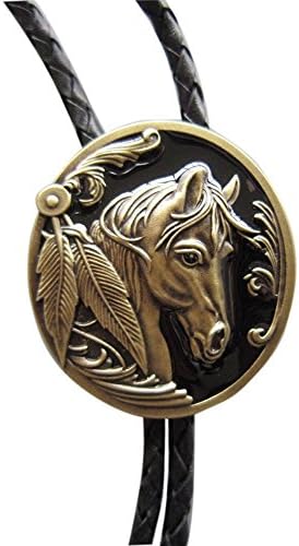 MR WESTERN Antique Bronze Plated Western Horse Head Oval Bolo Tie Leather Necklace