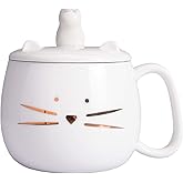 Koolkatkoo Unique Cat Coffee Mug with Lid for Cat Lover Cute Ceramic Tea Mugs with Holder for Cell Phone Porcelain Cup Have The Gold Kitten Gift for Women White