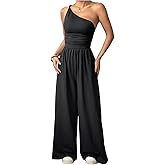 Verdusa Women's One Shoulder Wide Leg Jumpsuits Ruched Sleeveless One Piece Rompers