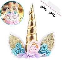 Unicorn Cake Topper with Eyelashes Party Cake Decoration Supplies for Birthday Party, Wedding, Baby Shower, 5.8 inch