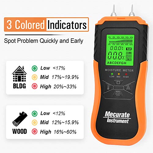 Mecurate Digital Pin Type Wood Moisture Meter with 3 Colored Indicators