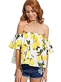 Floerns Women's Casual Print Off Shoulder Flare Sleeve Top Loose Blouse Yellow M