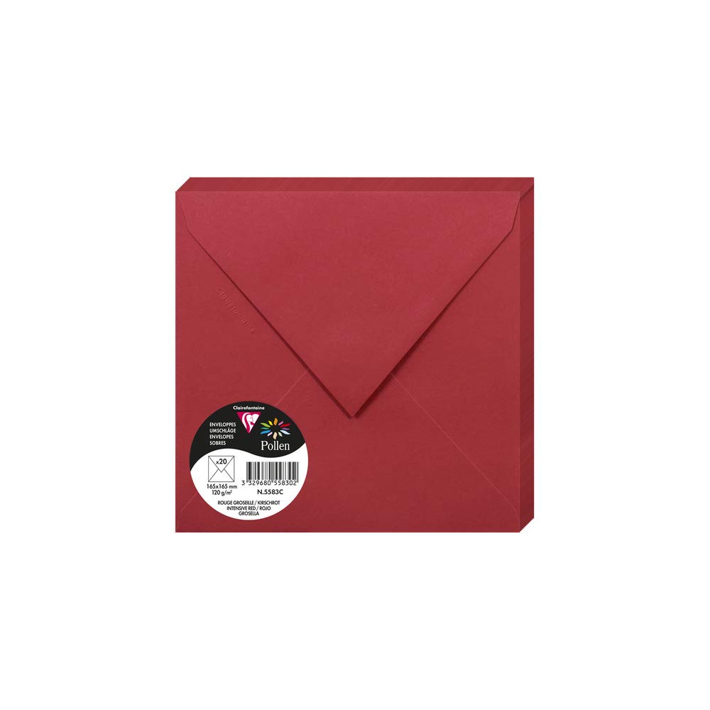 Clairefontaine 5583C Pack of 20 Gummed Envelopes Square Format 16.5x16.5cm 120g/m² Intensive Red Invitation Event Correspondence Pollen Range Premium Paper — image 1