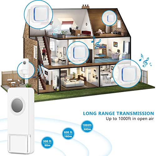 Wireless Doorbell Kit, Coolqiya Door Bell Chime with 2 Waterproof Transmitters and 4 Plug-in Receivers for Home 52 Ringtones