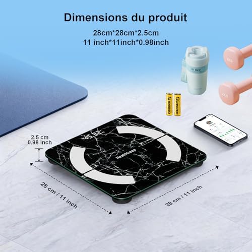 Balance Pèse Personne, Healthkeep Balance Impédancemètre Bluetooth Balance Connectée Haute Précision avec App 13 Indicateurs pour Andriod et iOS Max 180kg/400lb/28st, 28 * 28CM - Marbre Noir