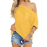 REVETRO Off the Shoulder Tops for Women Summer Sexy Short Sleeve Shirt Casual Batwing Blouse Oversized T Shirt Tunic Top