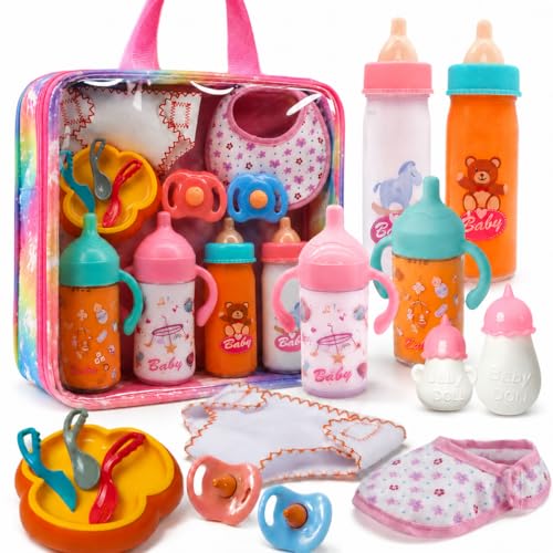 NUOXIXI 15Pcs Baby Doll Accessories Set with Bottles, Sippy Cups, Bibs, Pacifiers, Diaper, Feeding Dish, and Carry Bag at Amazon