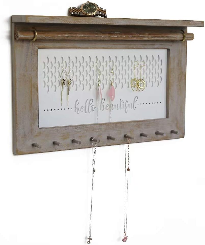 SANY DAYO HOME Wall Mounted 15 x 10 inches Hanging Jewelry Organizer with 9 Rustic Wood Hooks, Removable Bar, Metal Mesh and Shelf for Necklace, Bracelet, Earring - Hello Beautiful
