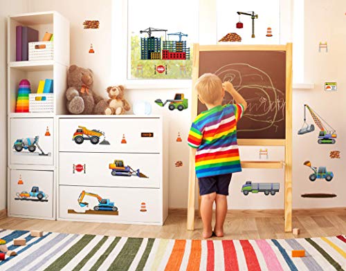 treepenguin Kids Construction Wall Decals: Fun Peel and Stick Trucks for Boys Rooms - Large Wall Decor Stickers for Childrens Bedroom or Playroom