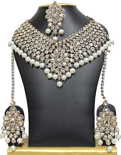 Indian Bollywood Style Most Beautiful Gold Plated Party Wear White Pearls Kundan Bridal Necklace Set