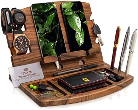 TESLYAR Natural Walnut Wood Phone Docking Station Phone Key Holder