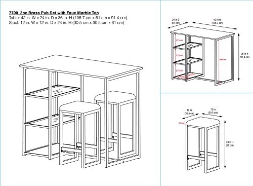 3-Piece Brass Pub Set with Faux Marble Top for Home Area