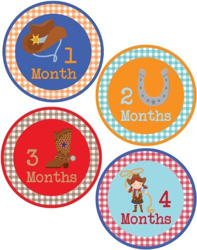 Baby Boy Cowboy Monthly Onesie Sticker with Gingham Pattern - Waterproof and Durable - Includes 1-12 Month Stickers