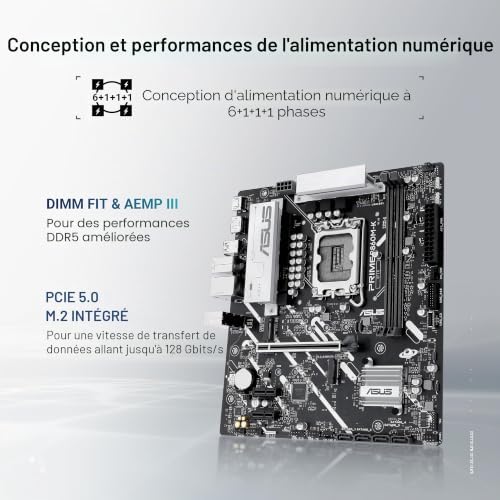 Prime B860M-K, Carte mère Intel mATX, 6 + 1 + 1 étapes d'alimentation DrMOS, DDR5, PCIe 4.0, 2 emplacements M.2, Realtek 2,5 Go Ethernet, DisplayPort, HDMI, USB 10 Gbps, USB Type-C 5 Gbps Avant
