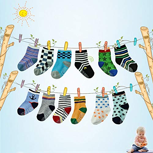12-36 MonthsToddler Socks Boy Girl Slippery 12 Pairs Cute Assorted Crew Kids Socks Non Skid Slipper Socks Grips 1T-3T Baby