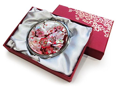 Pink-Makeup-Mirror-Mother-of-Pearl-Metal-Dual-Compact-Folding-Magnify-Apricot-Tree-Flowers-Design