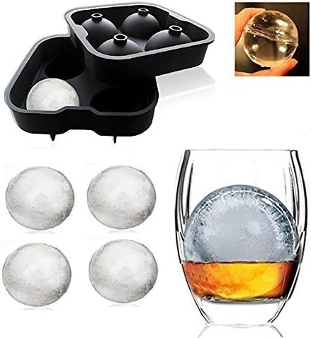The Vogue Nation Flexible Silicone Spherical 4 Round Ball Ice Cube Tray Maker Mold with Lid Perfect Ice Spheres for Whiskey Lovers Cocktails