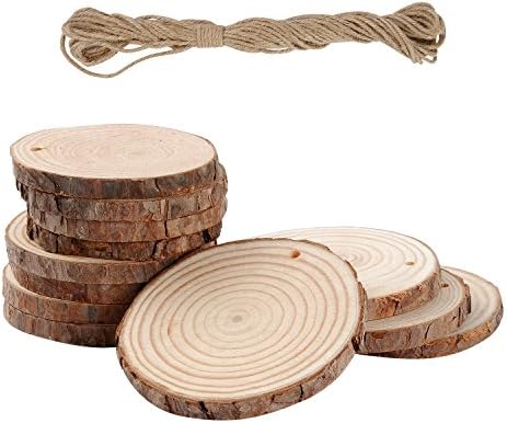 YUEAON 12 pack 3”-4" natural unfinished wood Slices with holes Tree Bark Wood Discs for DIY Craft Ornaments, Wedding, Decor, Props, Woodburning, Painting