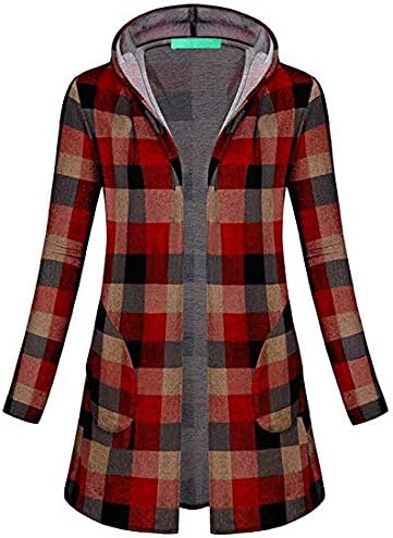XOWRTE Women's Knitting Plaid Hooded Coat Fall Winter Pockets Parka Jacket Overcoat Outwear