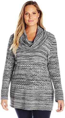 Heather B Women's Plus Size Cowl Neck Marled Tunic, Black/Ivory, 2X