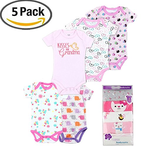 Monvecle Baby Girl 5 Pack Newborn to Toddler Short Sleeve Cotton Cartoon Bodysuit Gift Set 12M