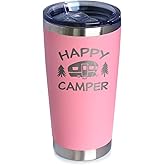 Happy Camper - Insulated Coffee Tumbler Cup with Sliding Lid - Stainless Steel Insulated Mug - Unique Outdoor Camping Tumbler - Pink