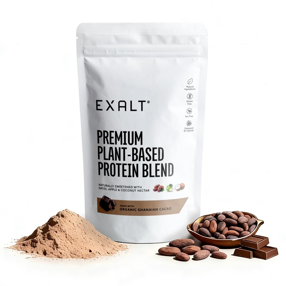 EXALT Nutrition - Vegan Protein Powder - Ghanaian Cacao - 100% Natural - Plant Based Pea & Brown Rice Protein - Dual Release Blend - Naturally Sweetened - Free from Soy, Gluten & Dairy - 500g