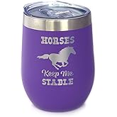 Bevvee Horses Keep Me Stable - Wine Tumbler with Sliding Lid - Stemless Stainless Steel Insulated Cup - Funny Gifts for Horse Lovers - Purple